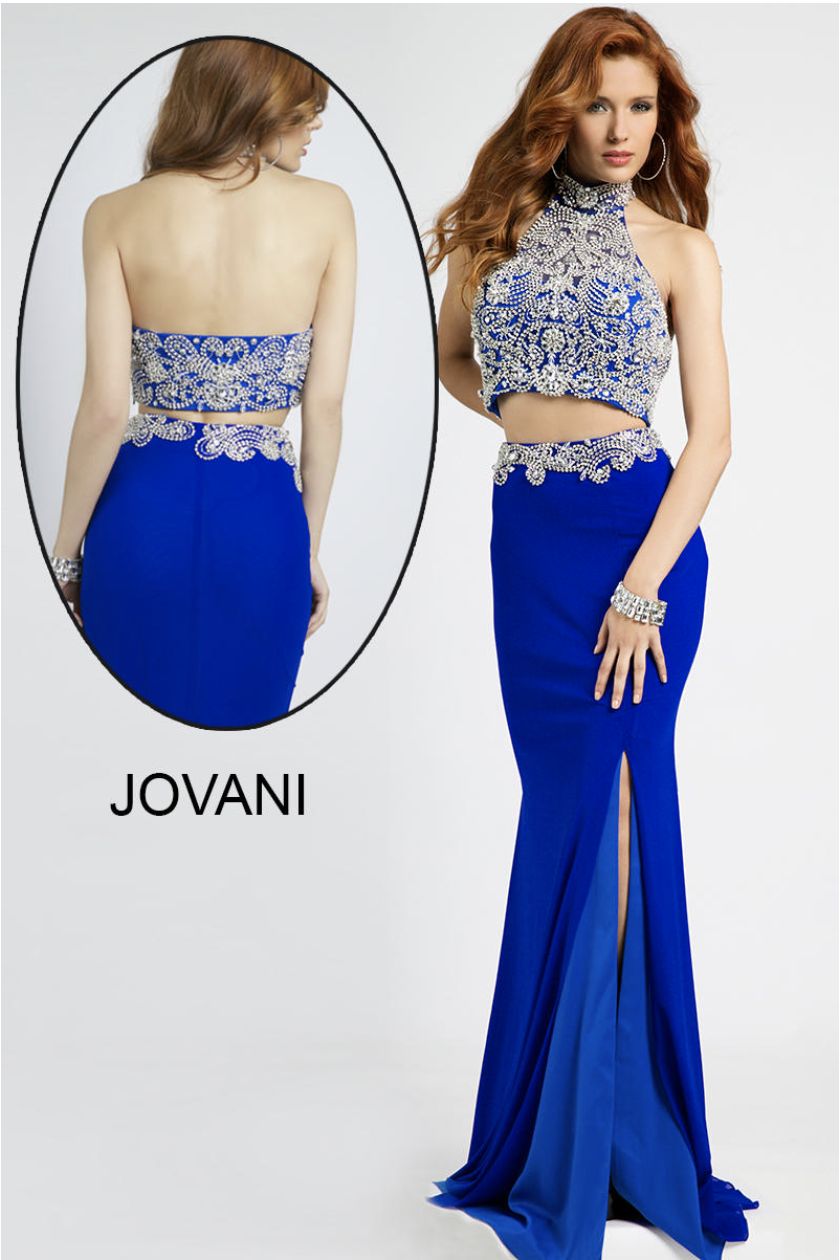 Style 20370 Jovani Size 4 Prom Halter Sequined Blue Side Slit Dress on Queenly