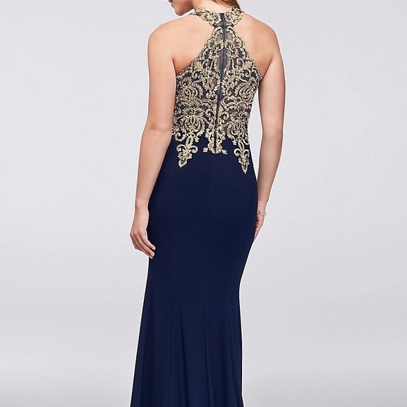 Style 33691 Jovani Size 12 Halter Sheer Blue Mermaid Dress on Queenly