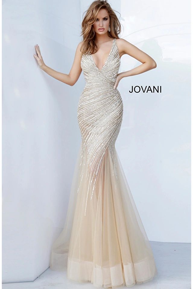 Style 4741 Jovani Size 4 Sheer Gold Mermaid Dress on Queenly