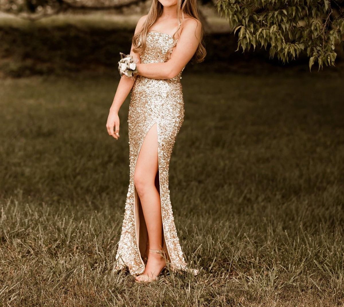 Style 54447 Sherri Hill Size 0 Prom Strapless Gold Side Slit Dress on Queenly