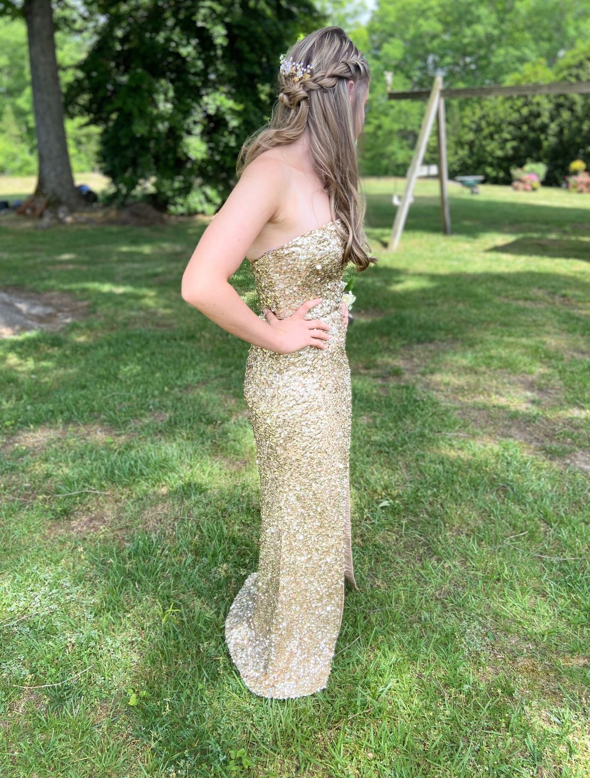 Style 54447 Sherri Hill Size 0 Prom Strapless Gold Side Slit Dress on Queenly