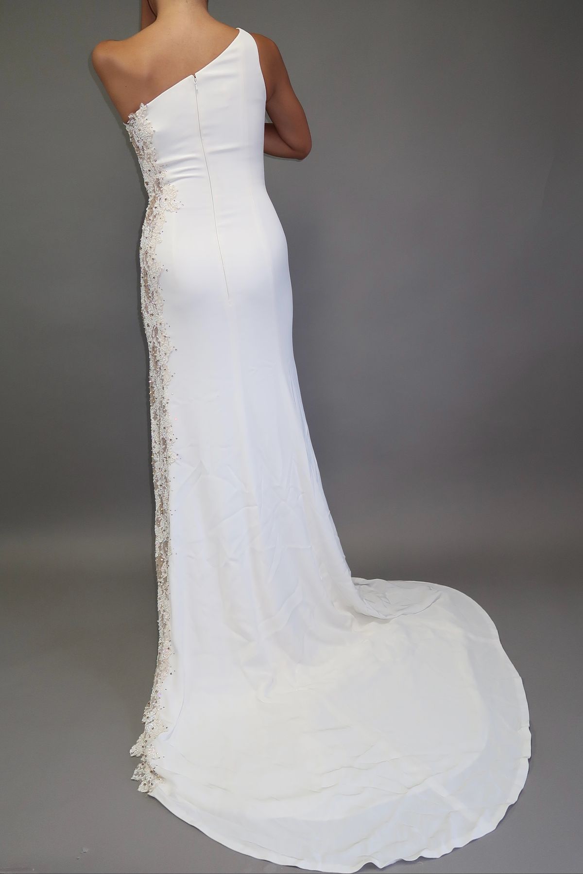 Style Custom Made Jovani Size 4 Pageant One Shoulder White Dress With Train on Queenly