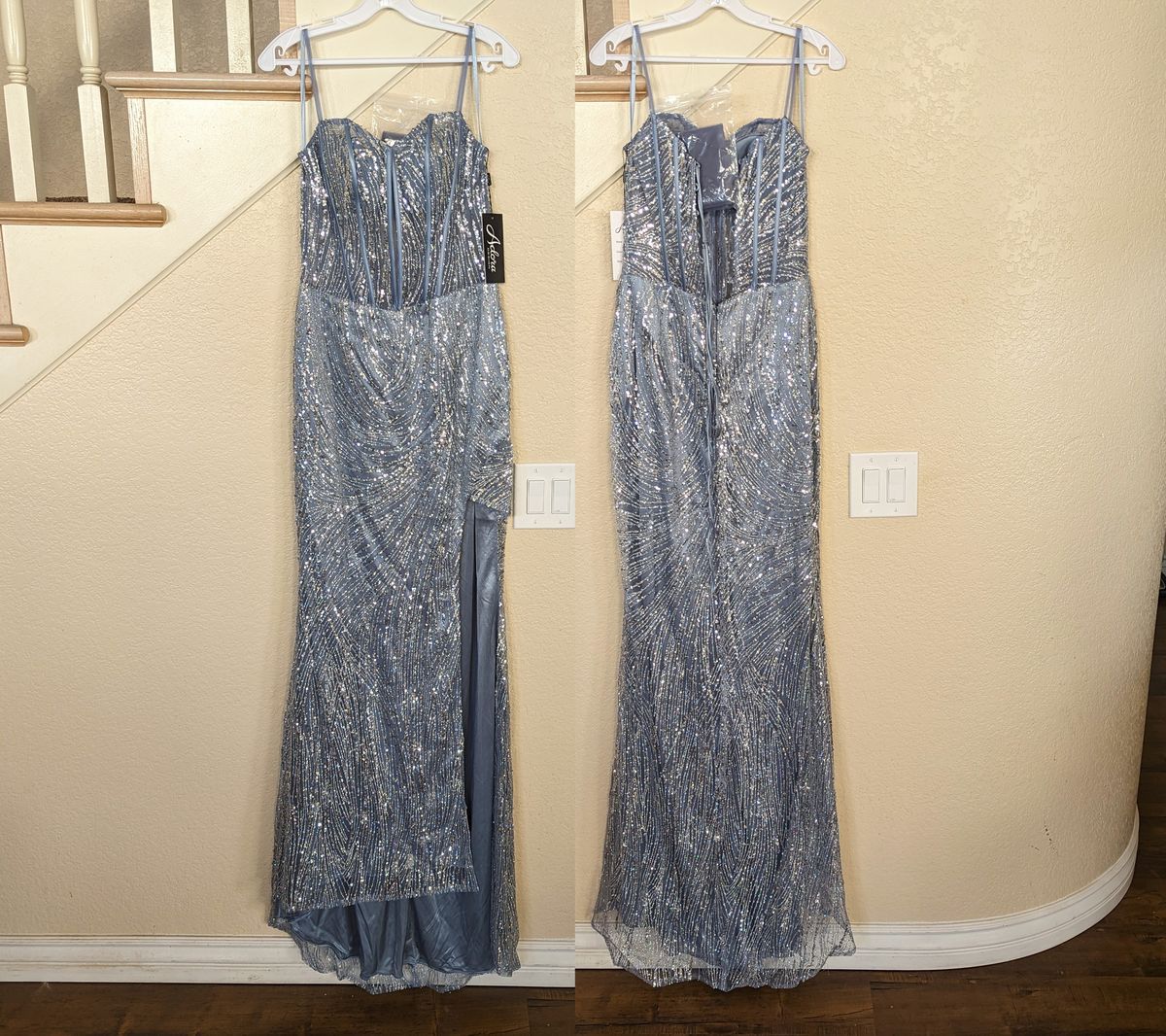Style Smoky Blue Sequined & Glitter Swirl Sleeveless Corset Formal Prom Dress Adora Size 8 Prom Sheer Blue Side Slit Dress on Queenly
