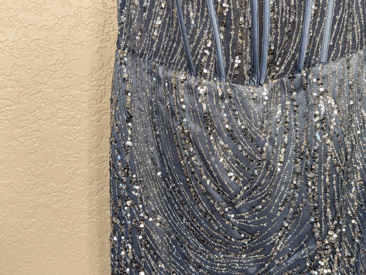 Style Smoky Blue Sequined & Glitter Swirl Sleeveless Corset Formal Prom Dress Adora Size 8 Prom Sheer Blue Side Slit Dress on Queenly