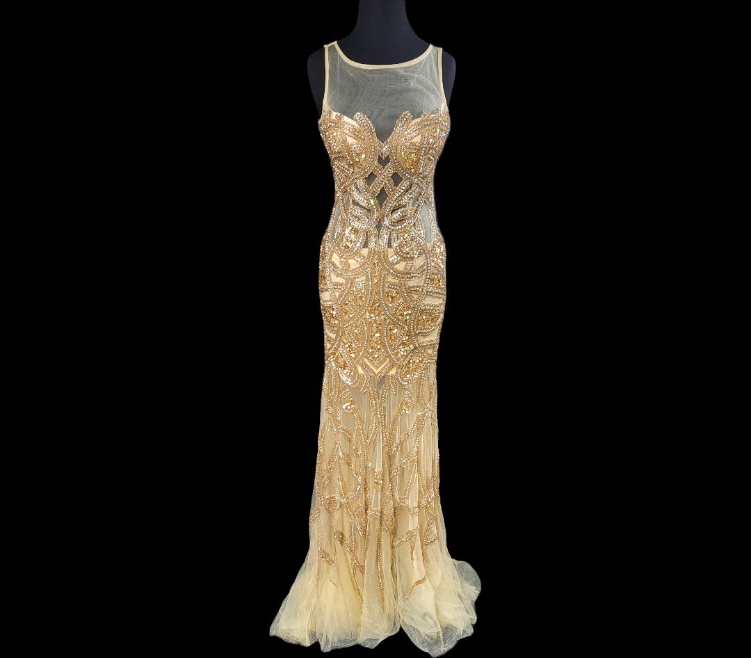 Style One Of A Kind Vienna Size 4 Prom Sheer Gold Mermaid Dress on Queenly