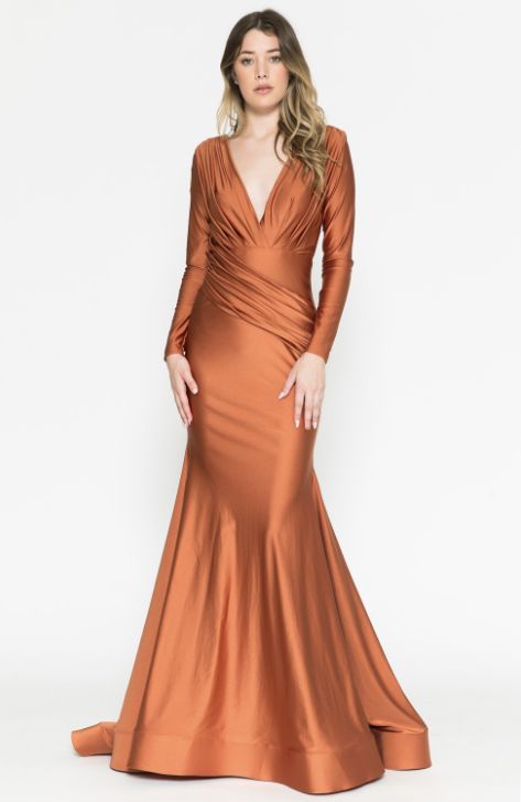 Style SLEEVE Amelia Couture Size 4 Bridesmaid Long Sleeve Orange Mermaid Dress on Queenly