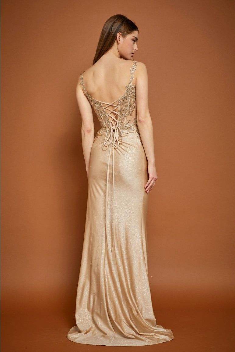 Style MD60041 Bicici & Coty Size L Lace Gold Side Slit Dress on Queenly