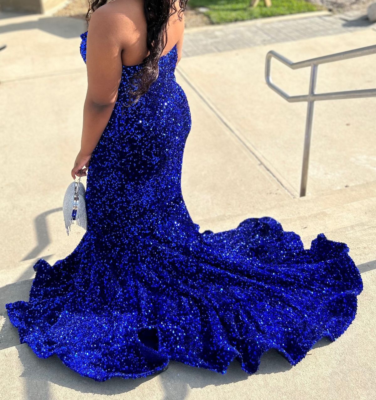 Plus Size 18 Prom Strapless Blue Dress With Train on Queenly