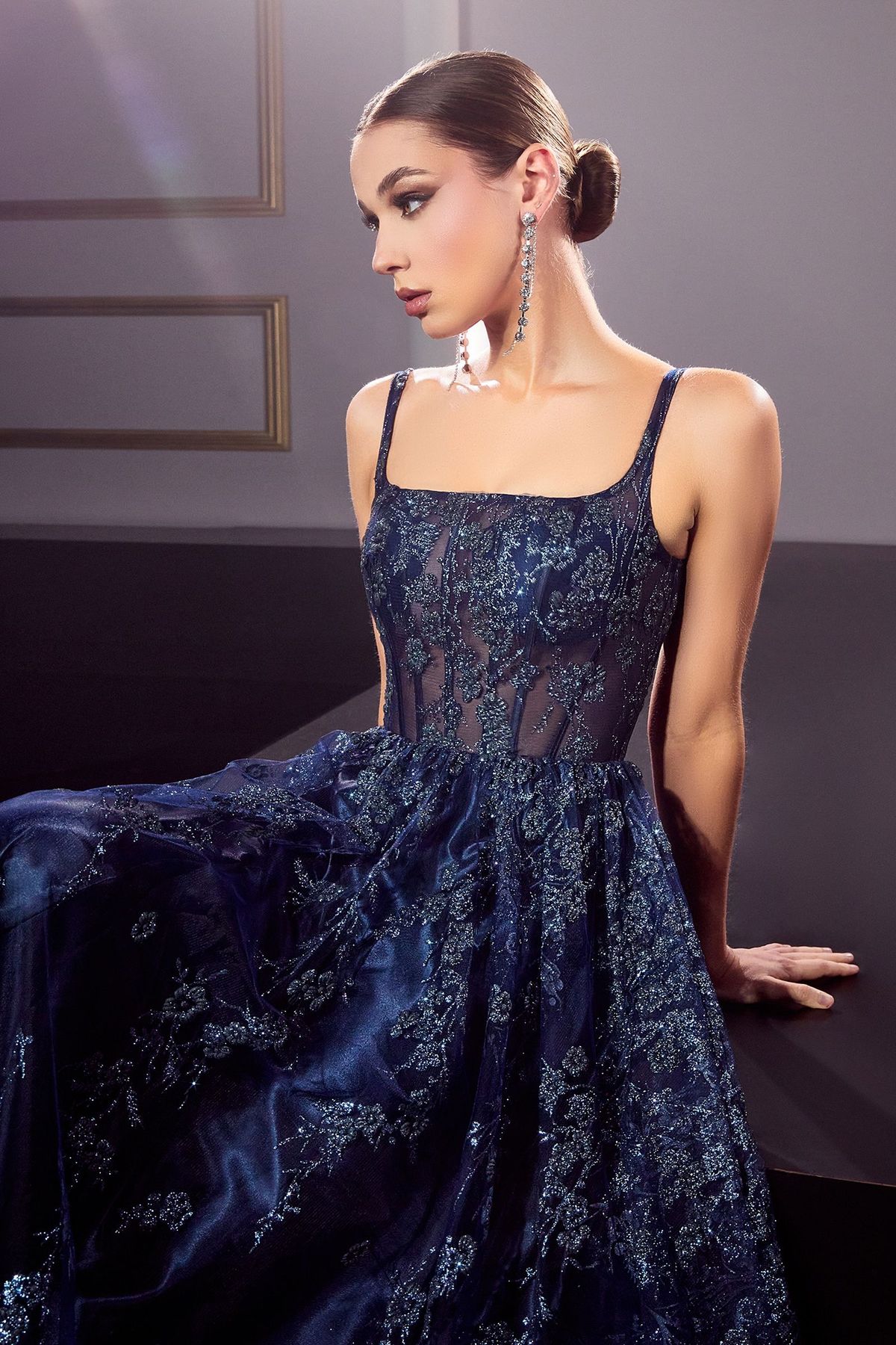 Style J840 La Divine Size 4 Floral Blue A-line Dress on Queenly