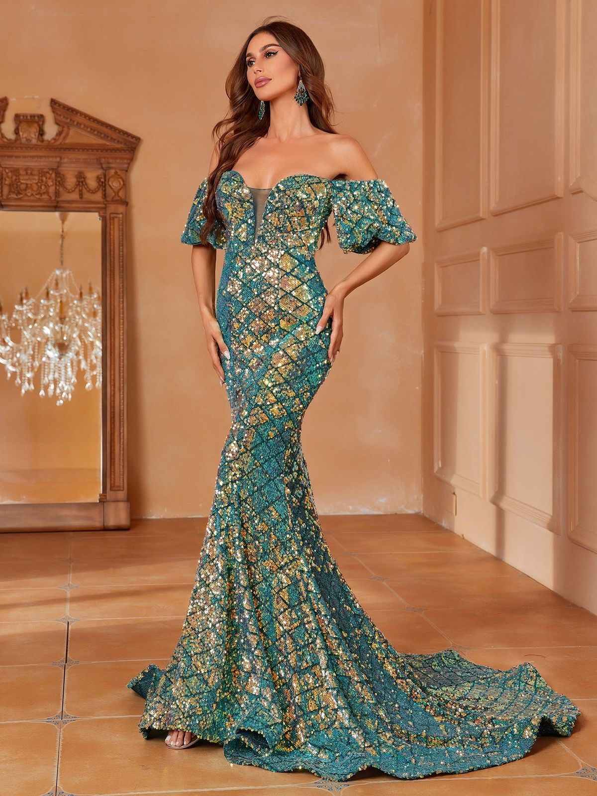 Style FSWD1482 Faeriesty Size XL Prom Off The Shoulder Green Mermaid Dress on Queenly