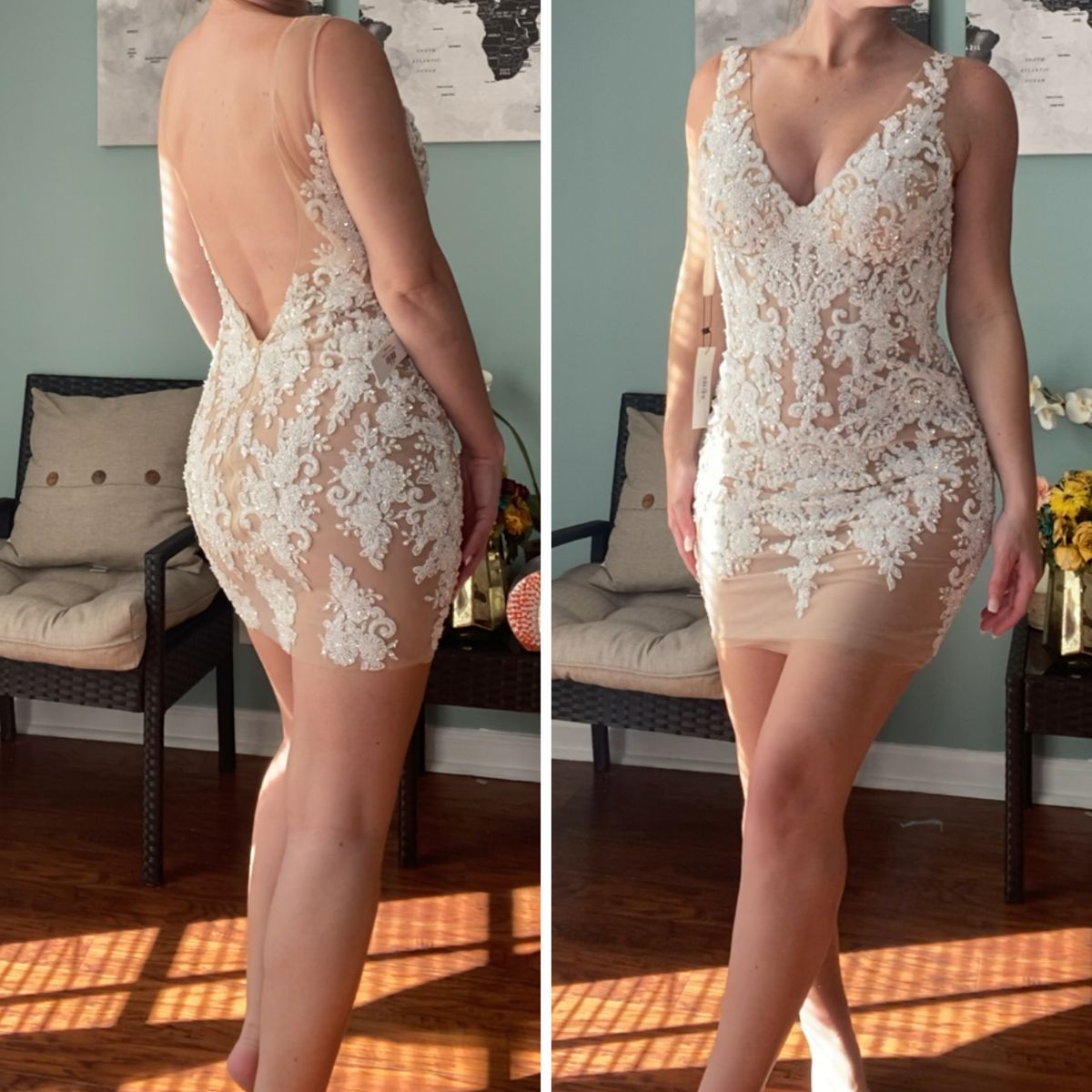 Size 2 Wedding Plunge Sheer White Cocktail Dress on Queenly