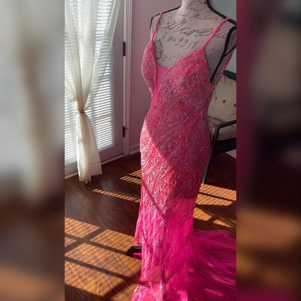 Style 04195 Jovani Size 6 Prom Plunge Sheer Hot Pink Mermaid Dress on Queenly