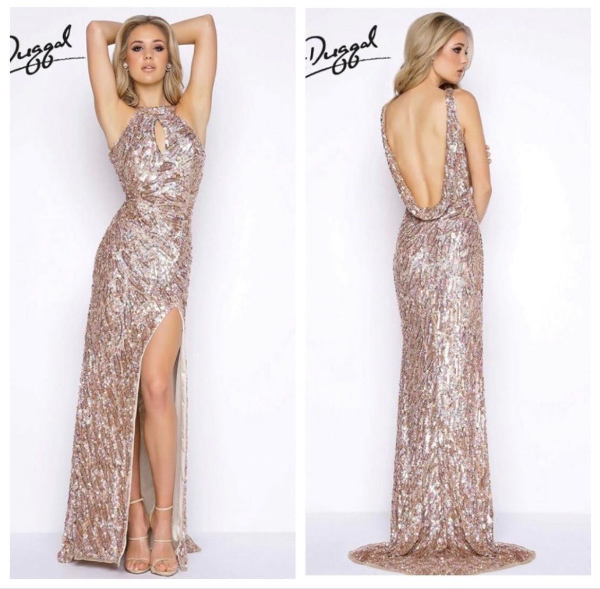 Style 3434A Mac Duggal Size 10 Pageant High Neck Gold Side Slit Dress on Queenly