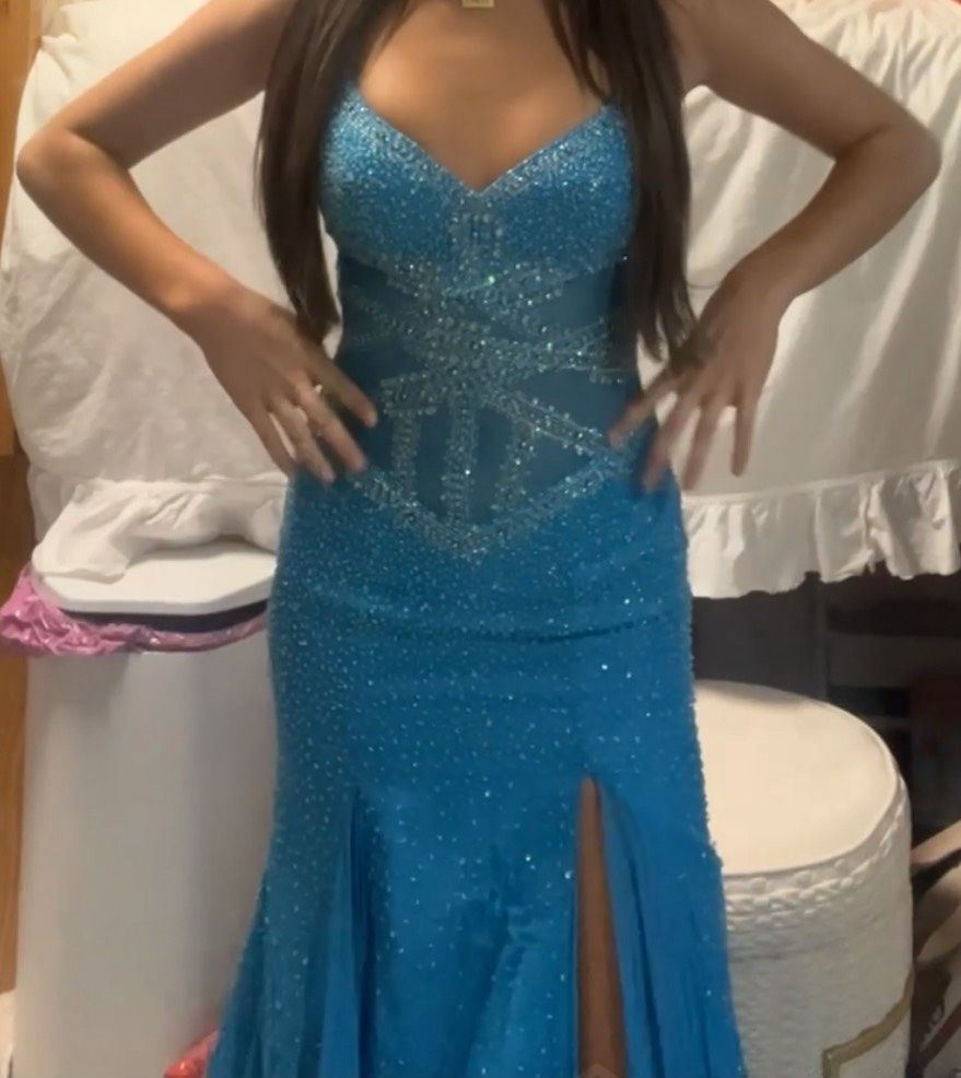 Size 4 Pageant Plunge Blue A-line Dress on Queenly