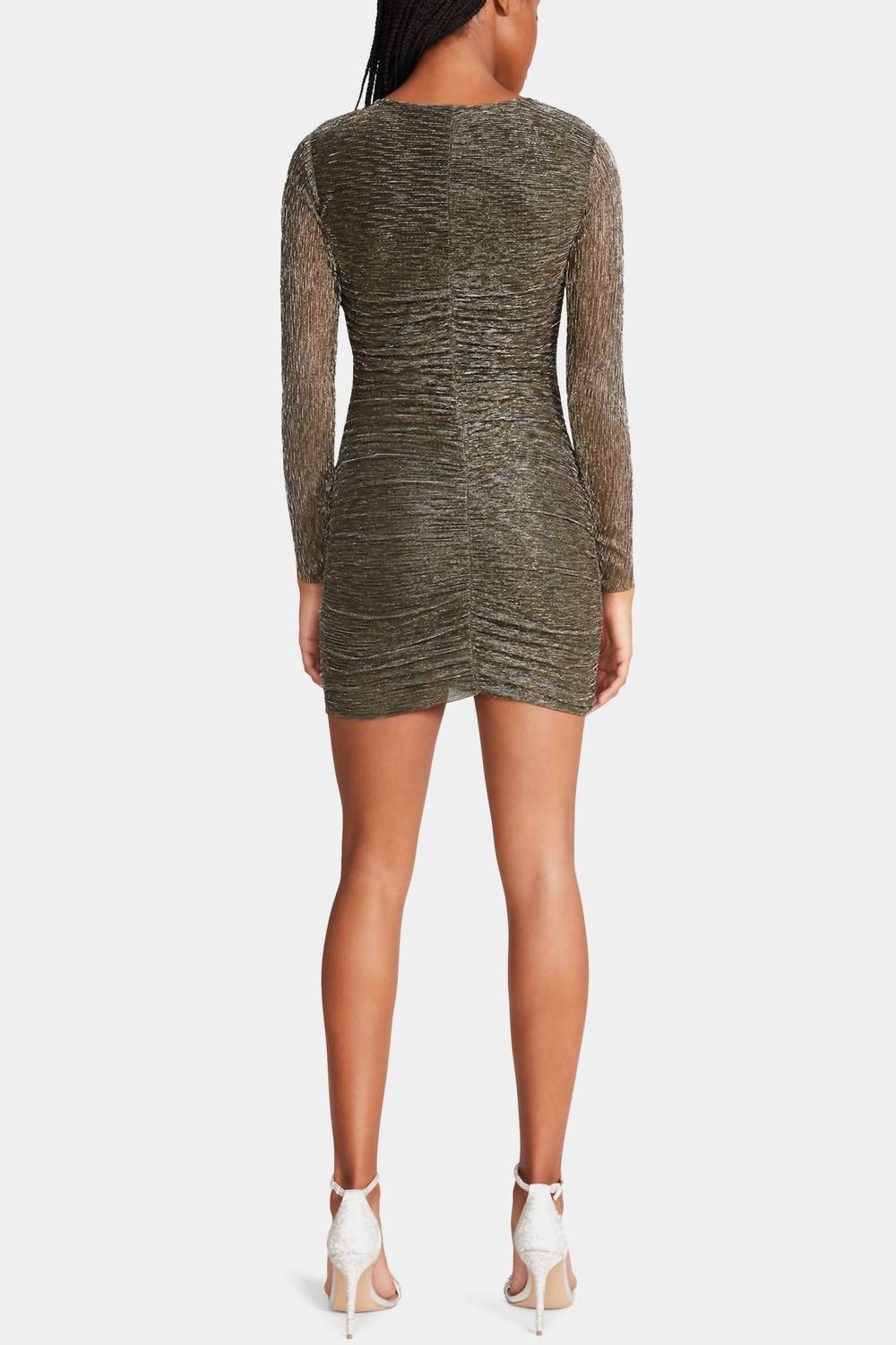 Style 1-3554146565-2696 STEVE MADDEN Size L Long Sleeve Sheer Gold Cocktail Dress on Queenly