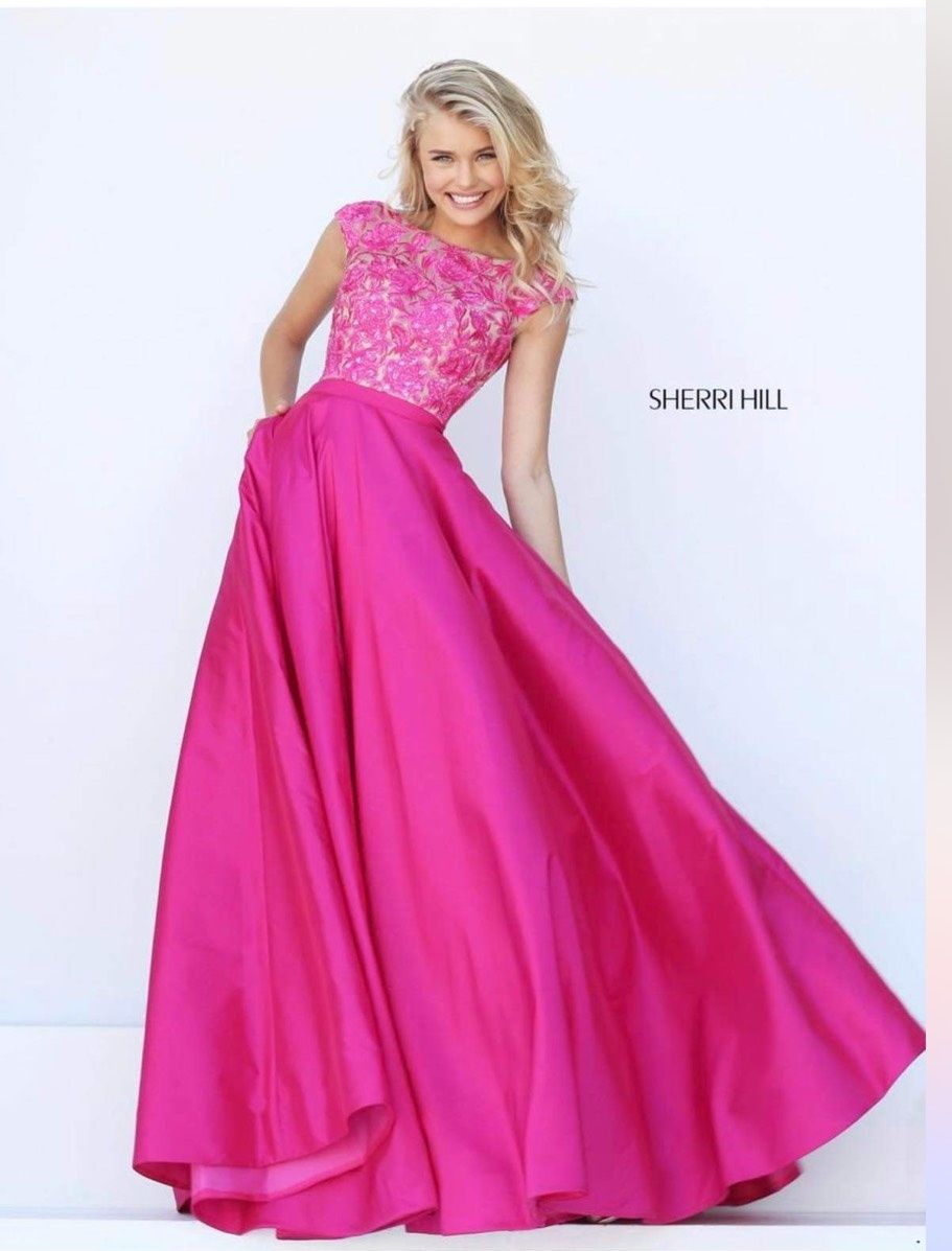 Style 50346 Sherri Hill Size XL Prom Cap Sleeve Hot Pink A-line Dress on Queenly