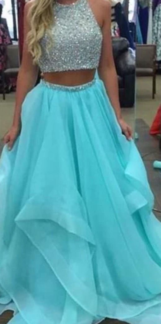 Jovani Size 8 Prom High Neck Sequined Light Blue Dress With Train on Queenly