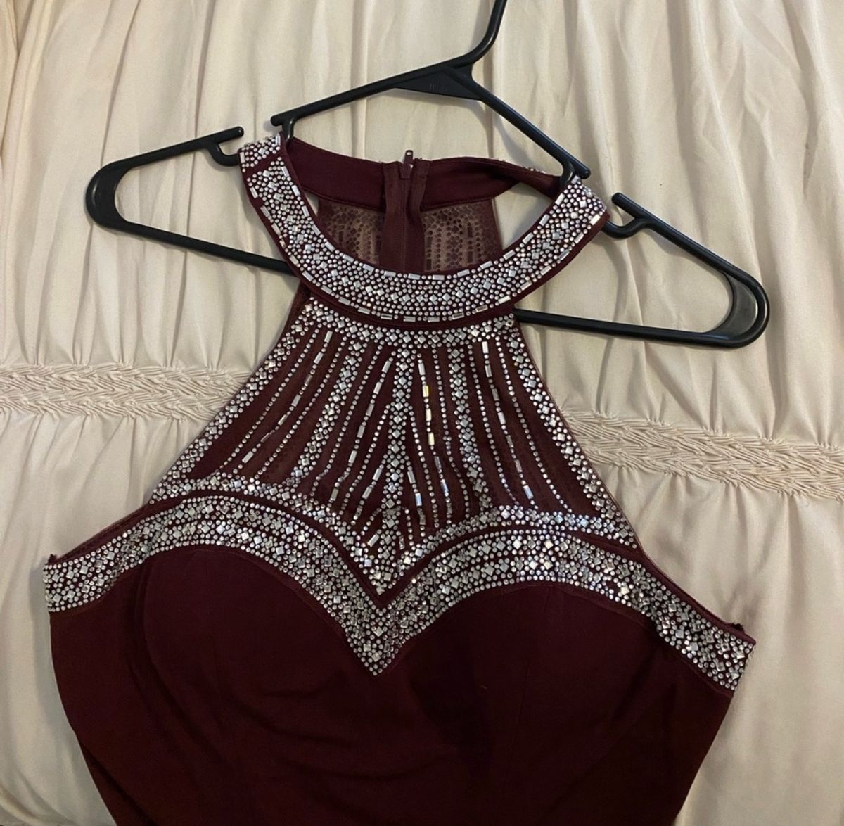 Girls Size 5 Prom Halter Sequined Burgundy Red A-line Dress on Queenly
