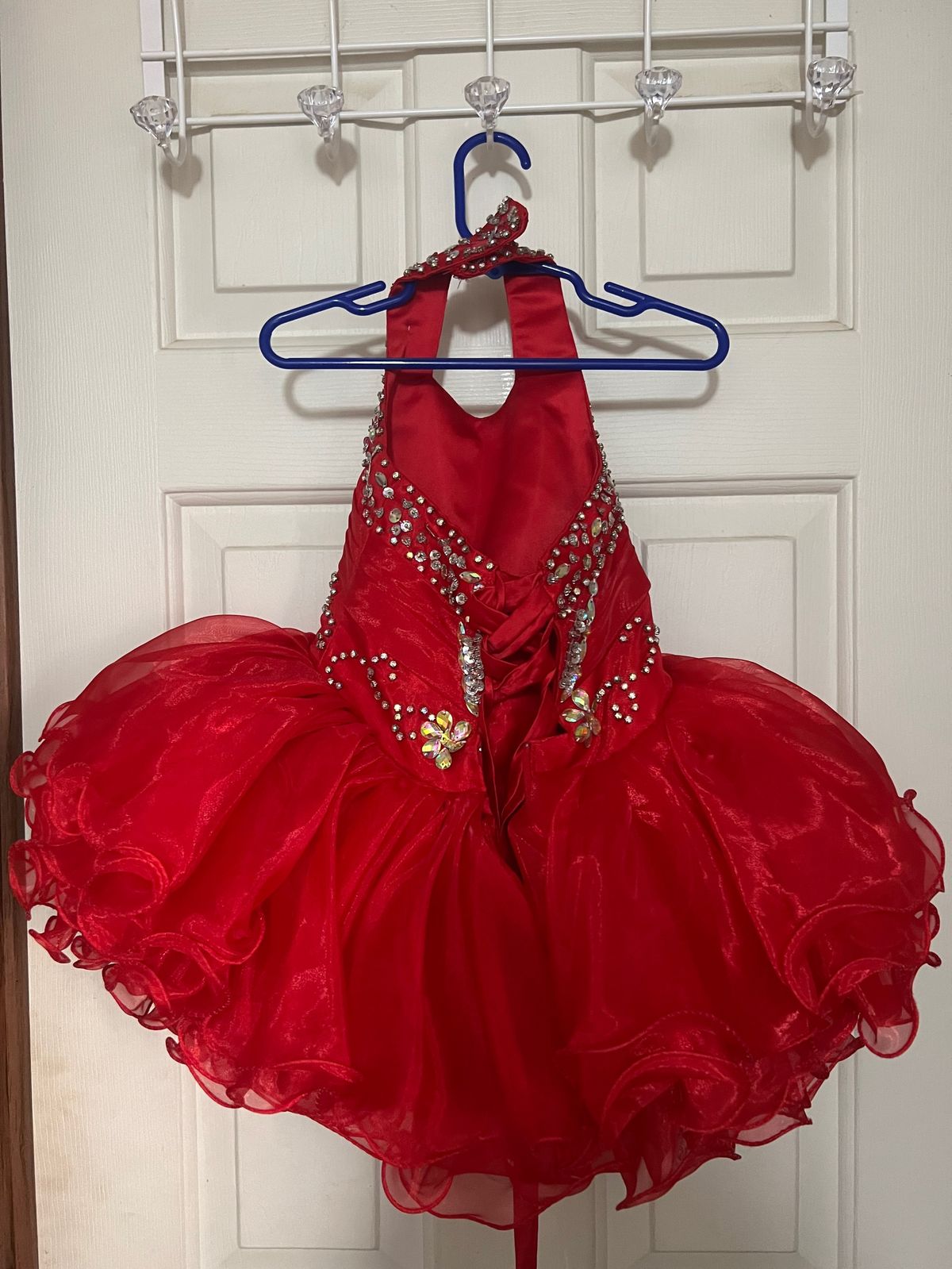 Girls Size 2 Pageant Halter Sequined Red Ball Gown on Queenly