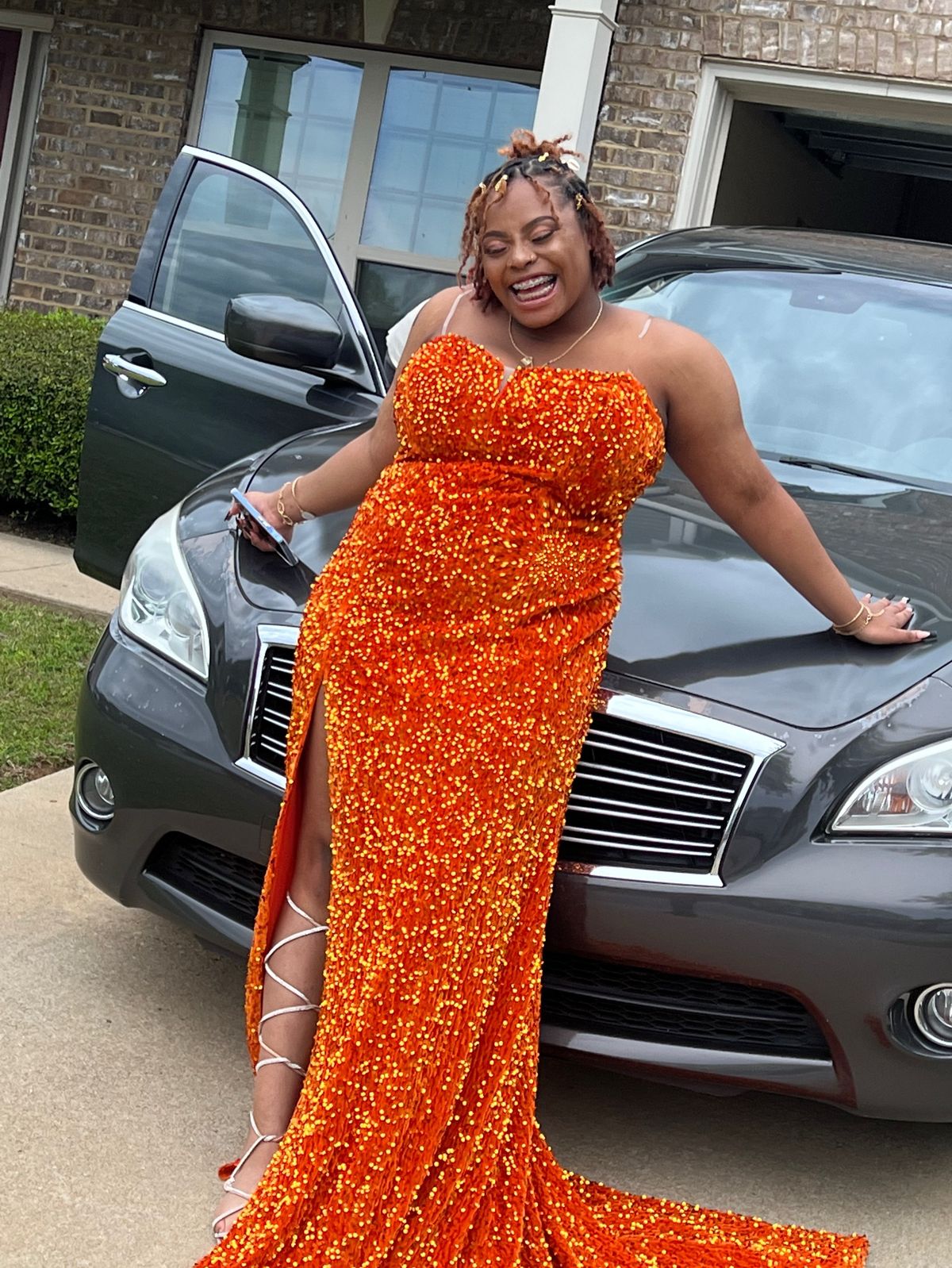 Size 2X Prom Plunge Orange Side Slit Dress on Queenly