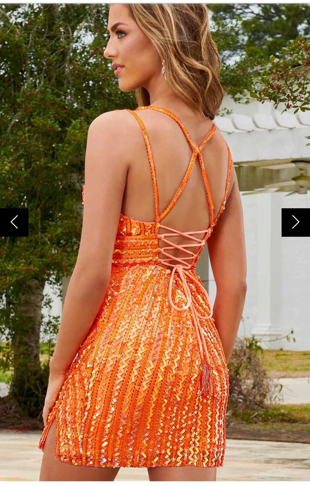 Style 40223 Rachel Allan Size 8 Homecoming Plunge Orange Cocktail Dress on Queenly