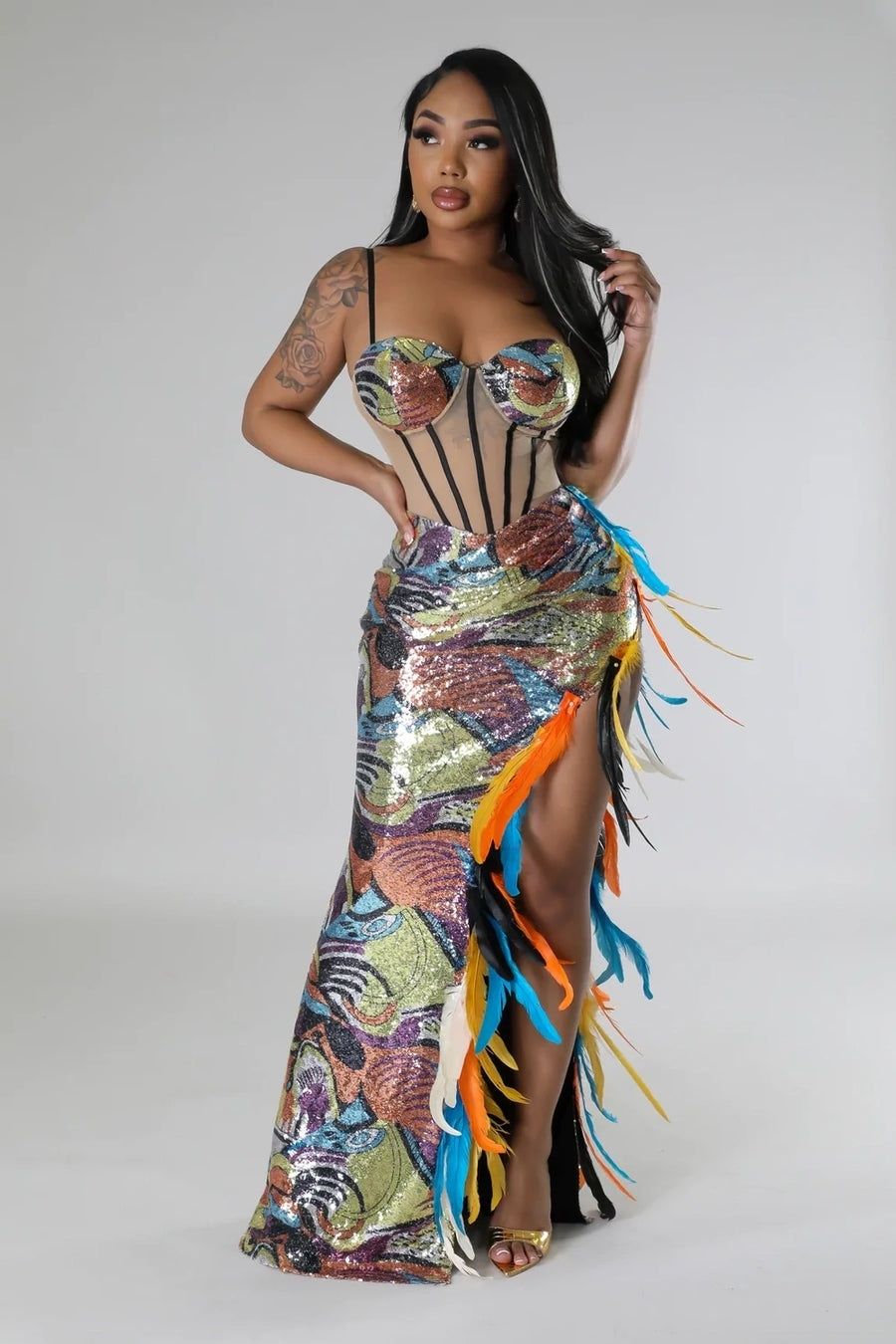 Size 4 Sheer Multicolor Side Slit Dress on Queenly