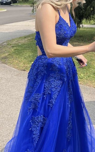 Style 28985 LeFemme Girls Size 2 Prom Lace Royal Blue Ball Gown on Queenly