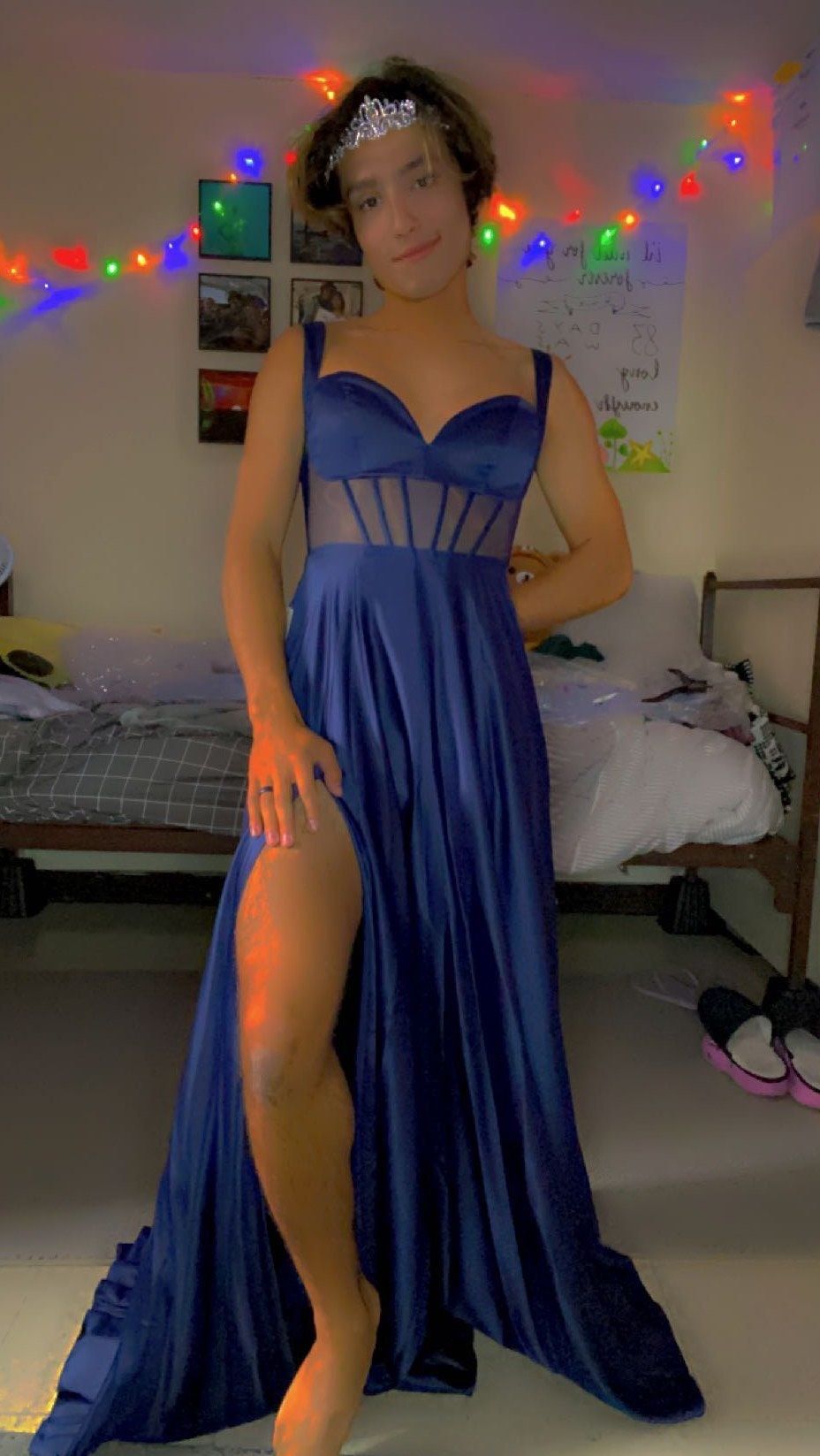 Windsor Size S Prom Plunge Sheer Royal Blue Side Slit Dress on Queenly