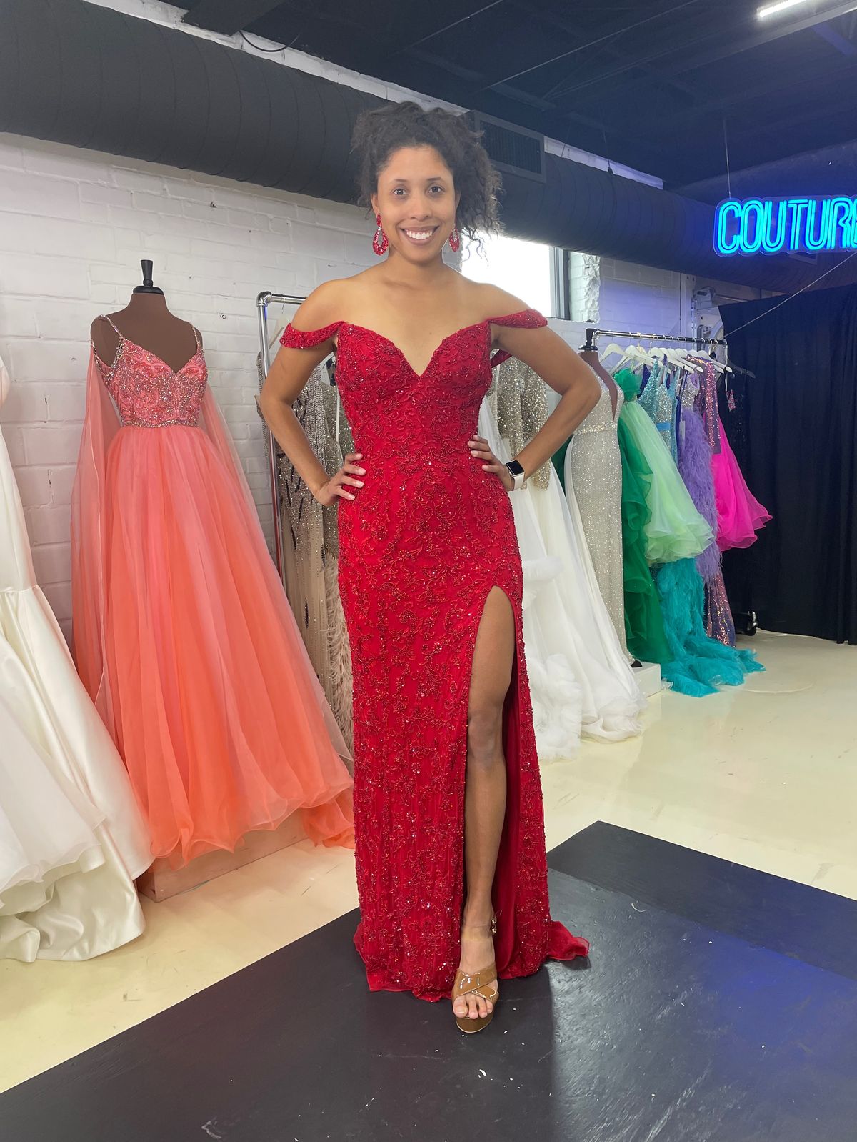 Sherri Hill Size 2 Prom Off The Shoulder Sequined Red Side Slit Dress on Queenly