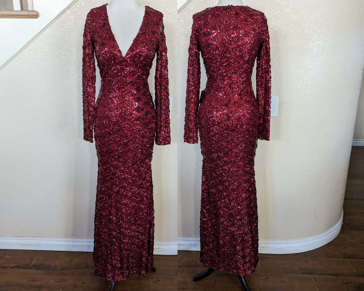 Style Burgundy Red Formal Sequined Long Sleeve Mermaid Wedding Guest Party Dress Size 2 Prom Long Sleeve Burgundy Red Side Slit Dress on Queenly
