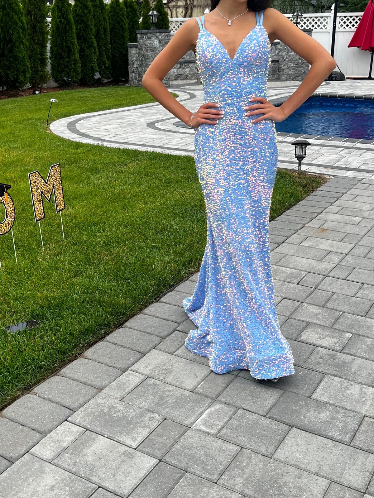 Sherri Hill Size 0 Prom Plunge Light Blue Mermaid Dress on Queenly