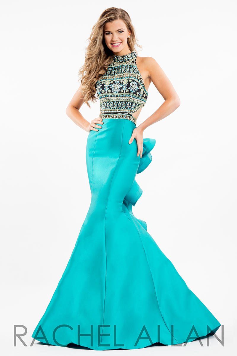 Style 7594 Rachel Allan Size 6 Satin Green Mermaid Dress on Queenly