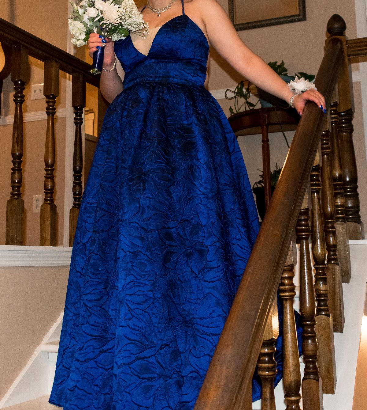 Size 12 Prom Plunge Blue Ball Gown on Queenly