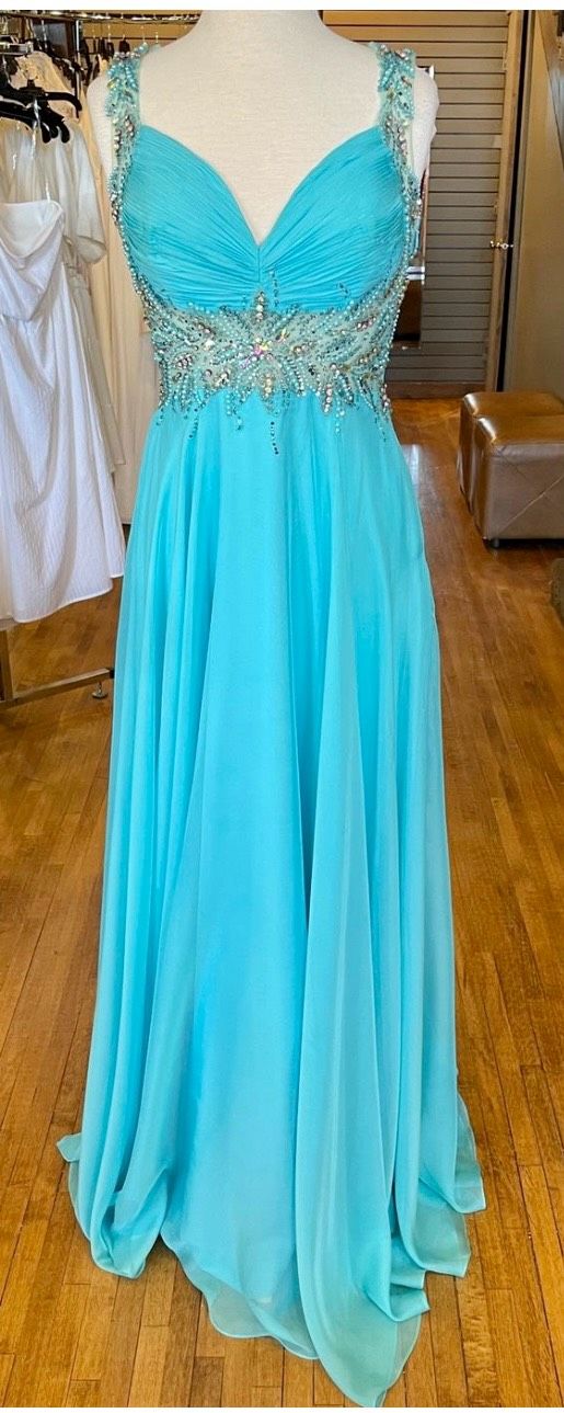Style 14825 Morrell Maxie Size 12 Prom Plunge Floral Turquoise Blue A-line Dress on Queenly