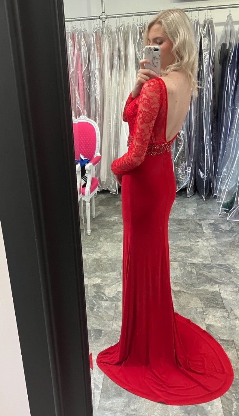 Mac Duggal Size 4 Prom Long Sleeve Red Side Slit Dress on Queenly