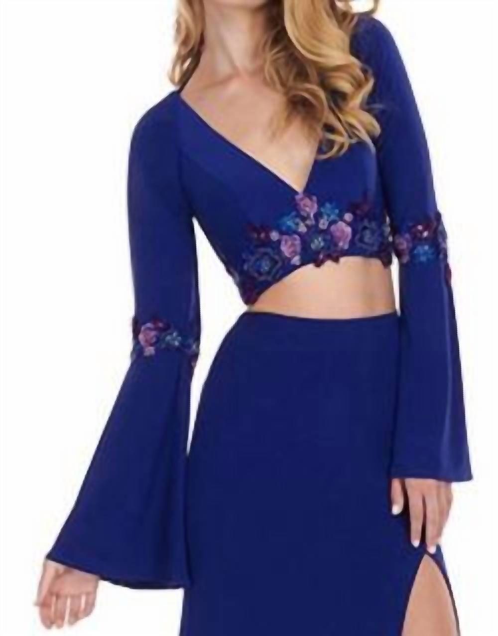 Style 1-1972697972-5 RACHEL ALLAN Size 0 Prom Long Sleeve Floral Royal Blue Side Slit Dress on Queenly