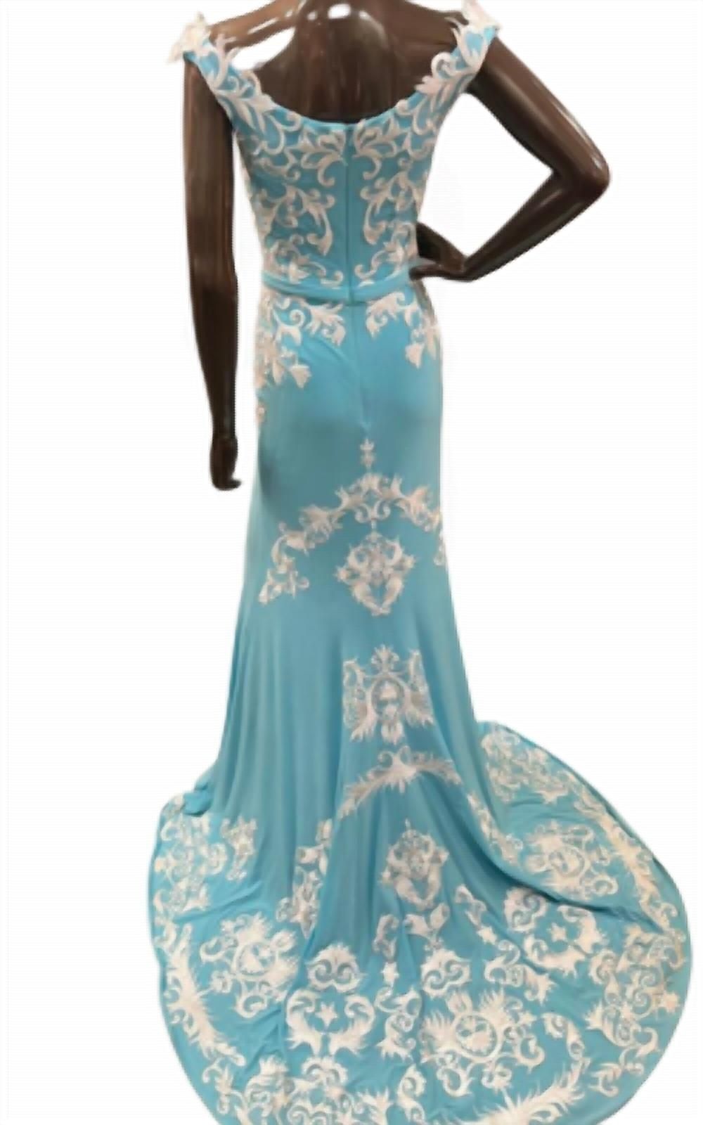 Style 1-577522447-1901 Madison James Size 6 Off The Shoulder Lace Blue Floor Length Maxi on Queenly
