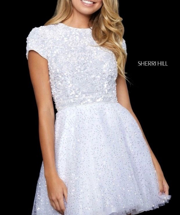 Style 52163 Sherri Hill Size 6 Homecoming Cap Sleeve White Cocktail Dress on Queenly