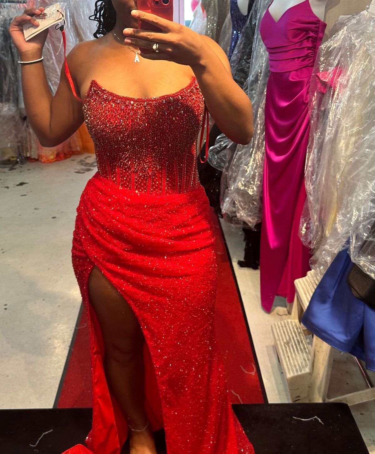 Style 11238 Ashley Lauren Size 10 Prom Strapless Red Side Slit Dress on Queenly