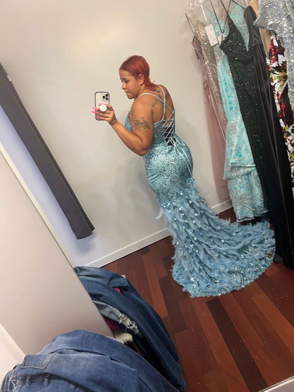 Style A1116 Andrea & Leo Couture Size 14 Prom Plunge Lace Light Blue Mermaid Dress on Queenly