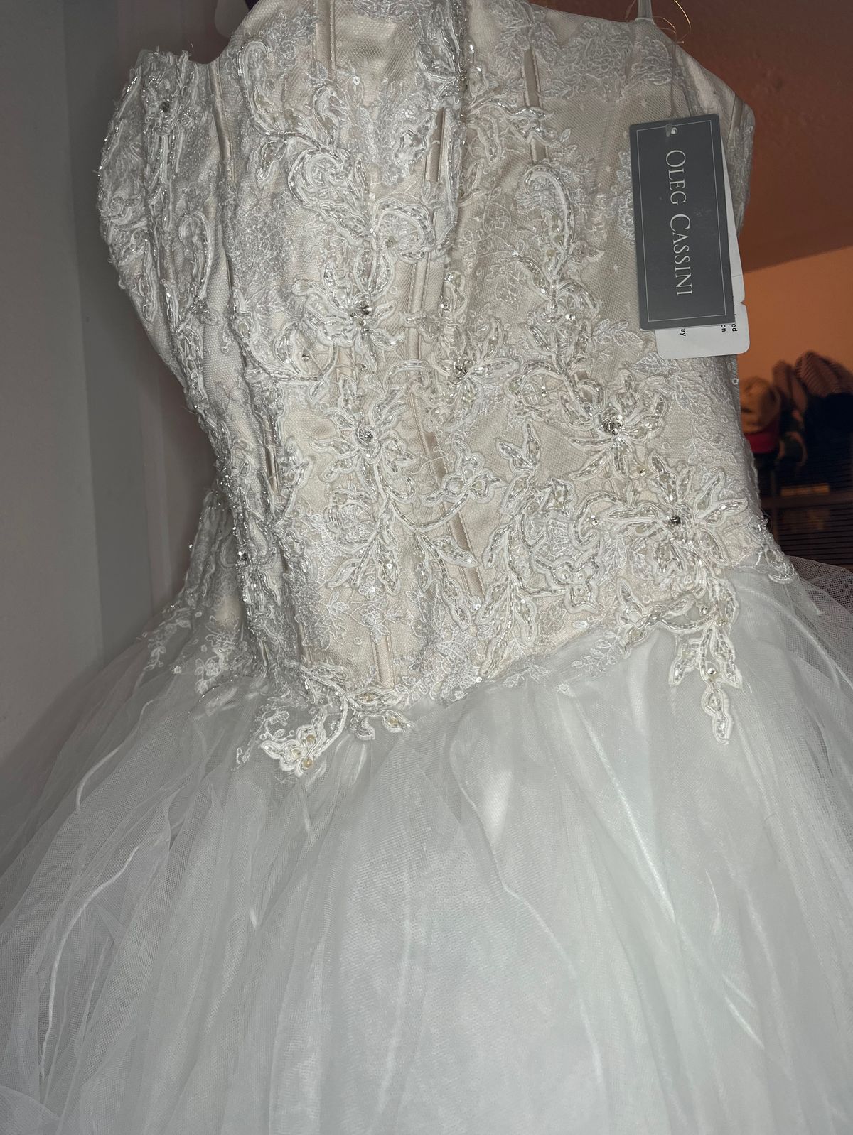 Oleg Cassini Plus Size 18 Wedding Strapless Lace White Dress With Train on Queenly