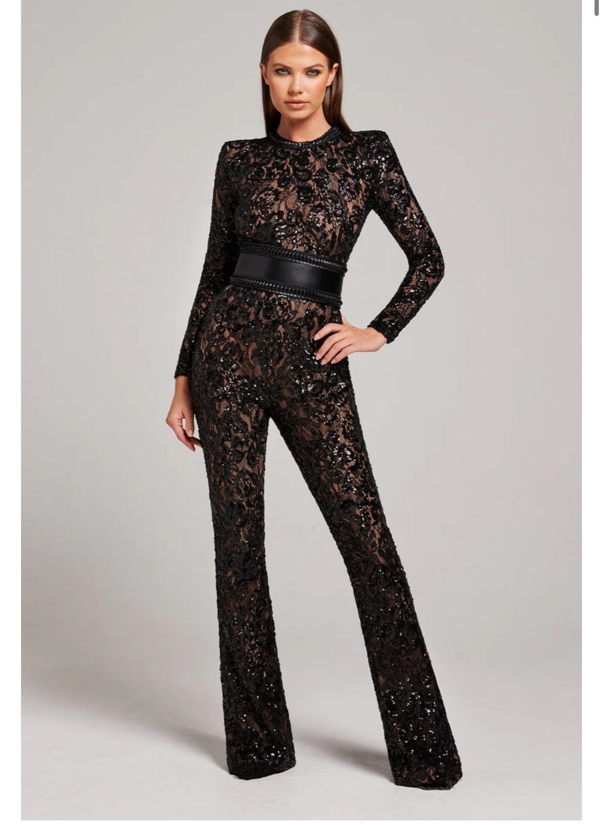 Nadine merabi Size M Homecoming Long Sleeve Lace Black Formal Jumpsuit on Queenly