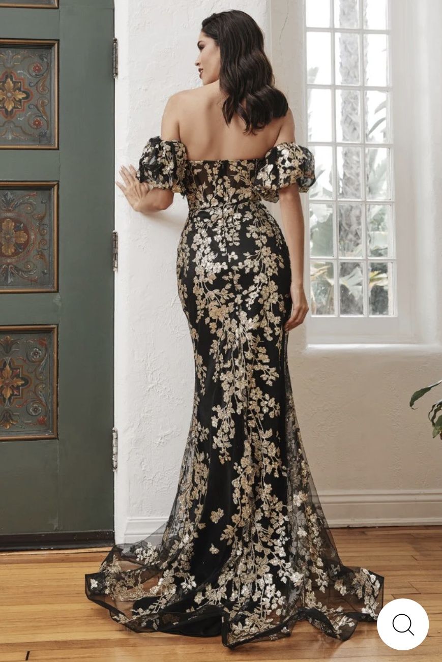 Style J844 La divine Size 14 Strapless Floral Black Mermaid Dress on Queenly