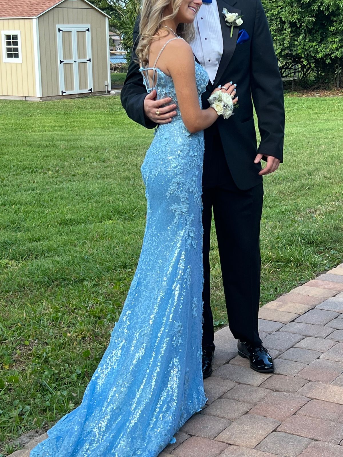 Style 54838 Sherri Hill Size 00 Prom Plunge Blue Side Slit Dress on Queenly