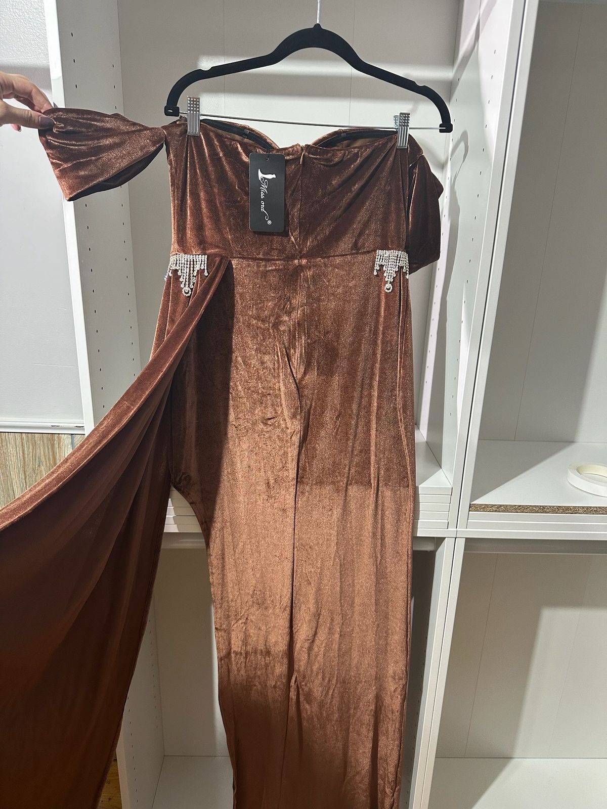 Size XL Prom Off The Shoulder Brown Side Slit Dress on Queenly