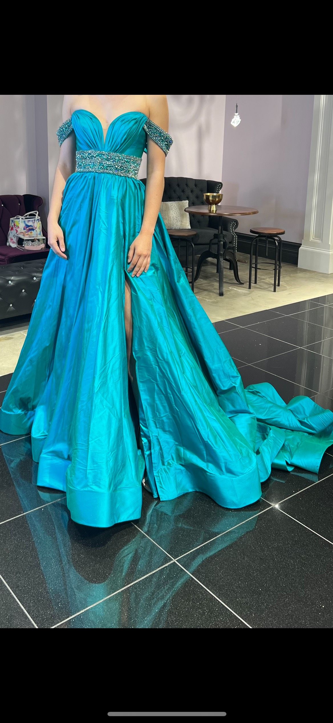Style Couture one of a kind Jovani Size 0 Pageant Off The Shoulder Green Ball Gown on Queenly