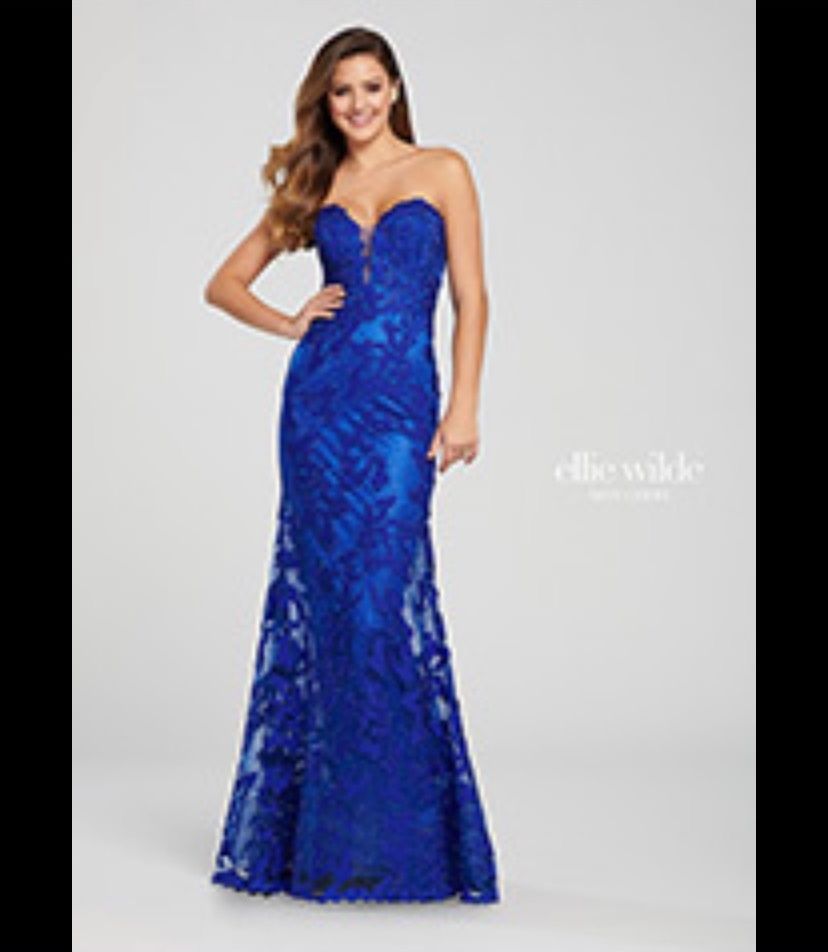 Style EW119022 Ellie Wilde Size 10 Prom Plunge Blue Mermaid Dress on Queenly