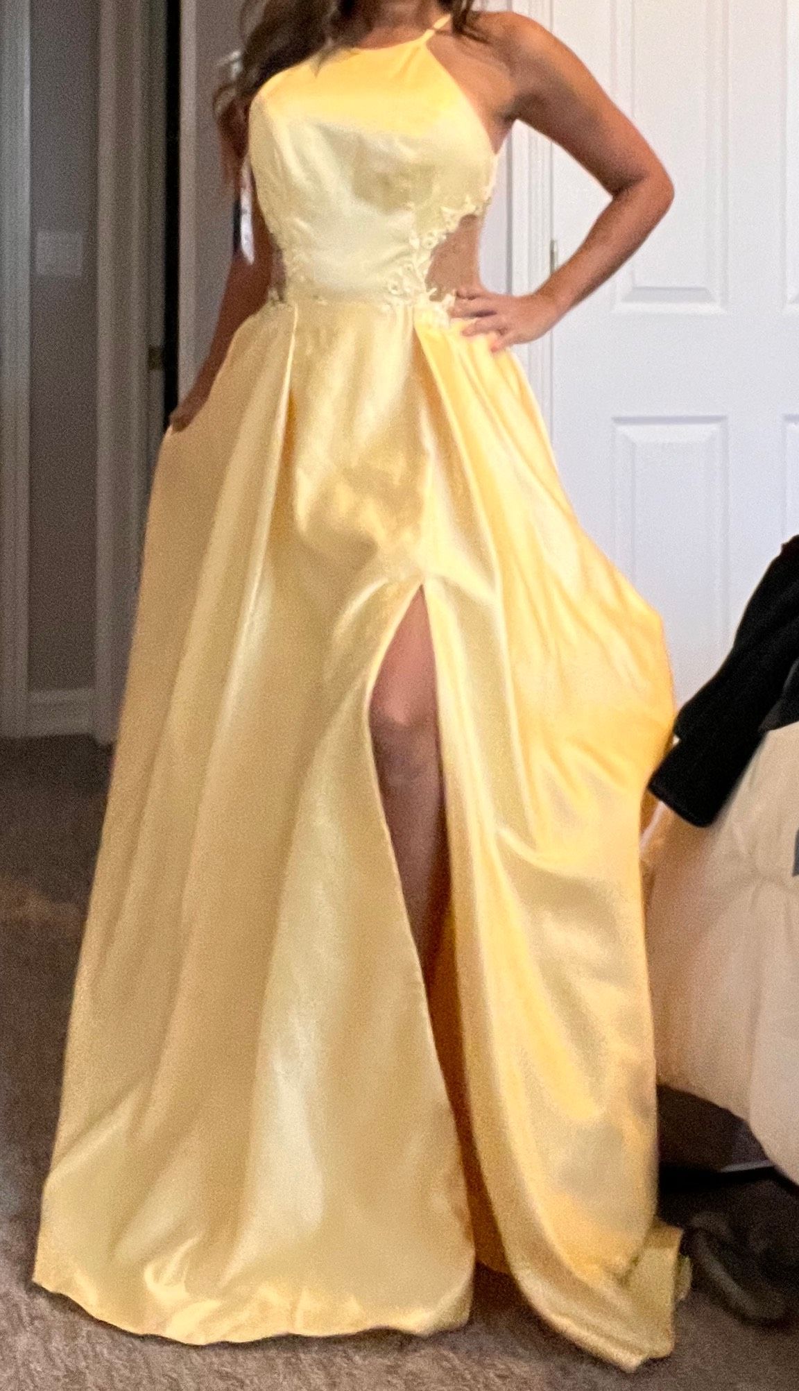Size 4 Prom High Neck Yellow Ball Gown on Queenly