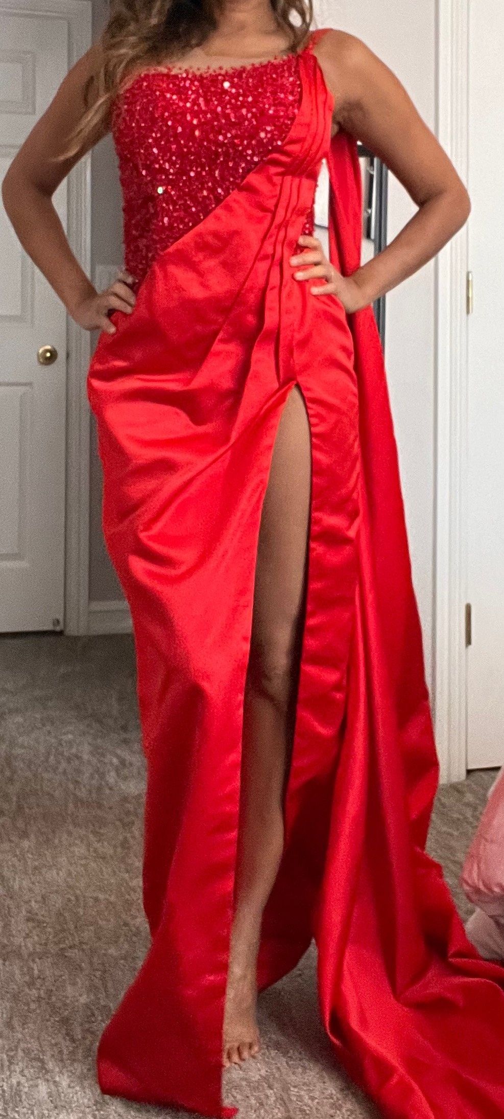 Size S Prom One Shoulder Red Side Slit Dress on Queenly