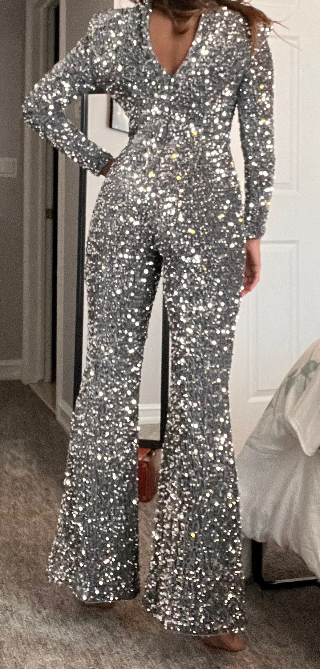 Size 4 Prom Long Sleeve Silver Formal Jumpsuit on Queenly